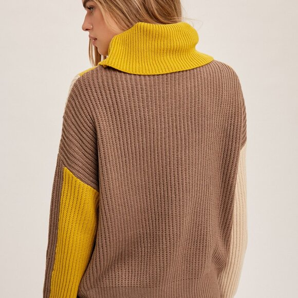 HEM & THREAD Mustard Brown Cream Colorblock Turtleneck Sweater, Chunky Cable - Picture 9 of 9